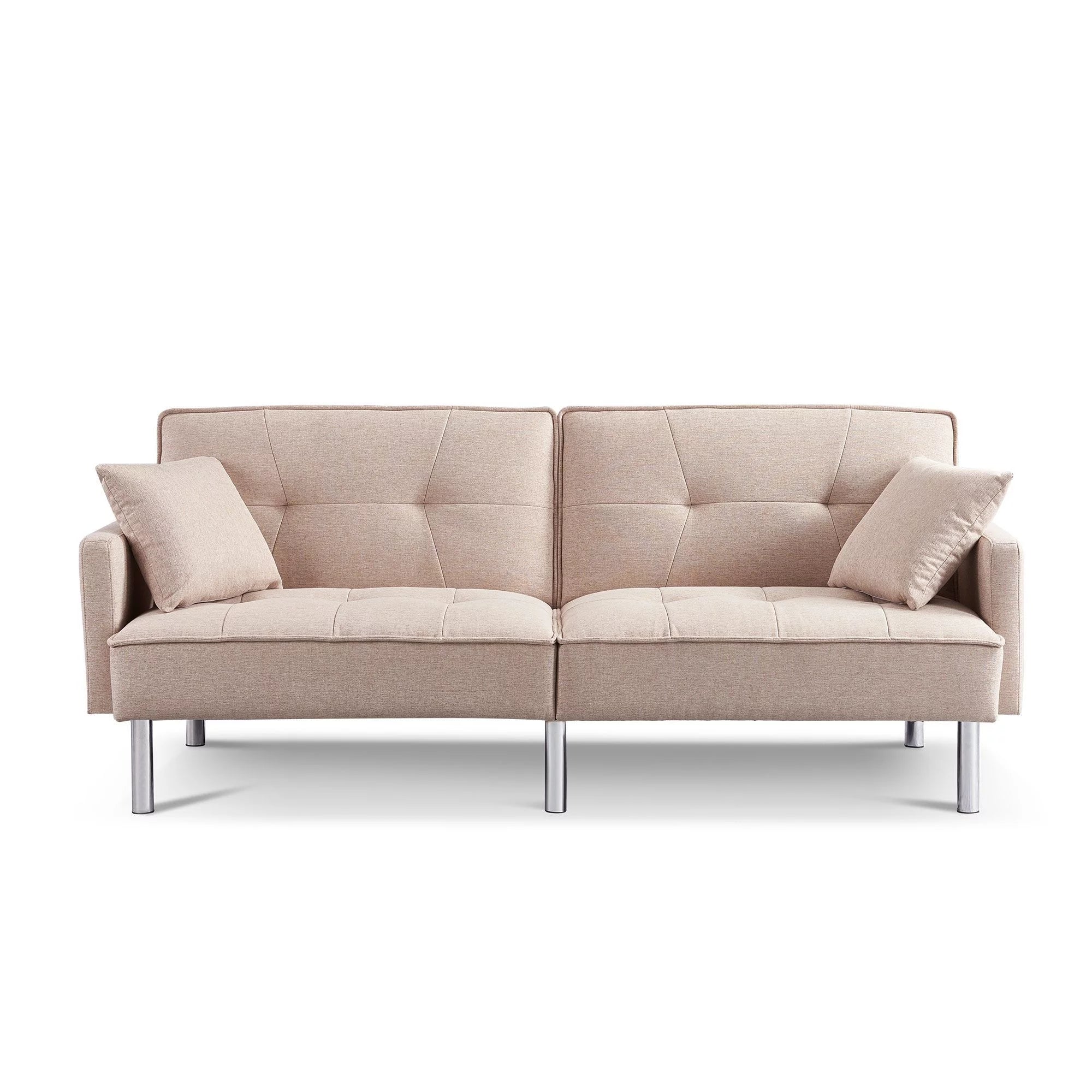 Extra Long Tufted Beige Fabric Futon Adjustable Sofa Bed J212