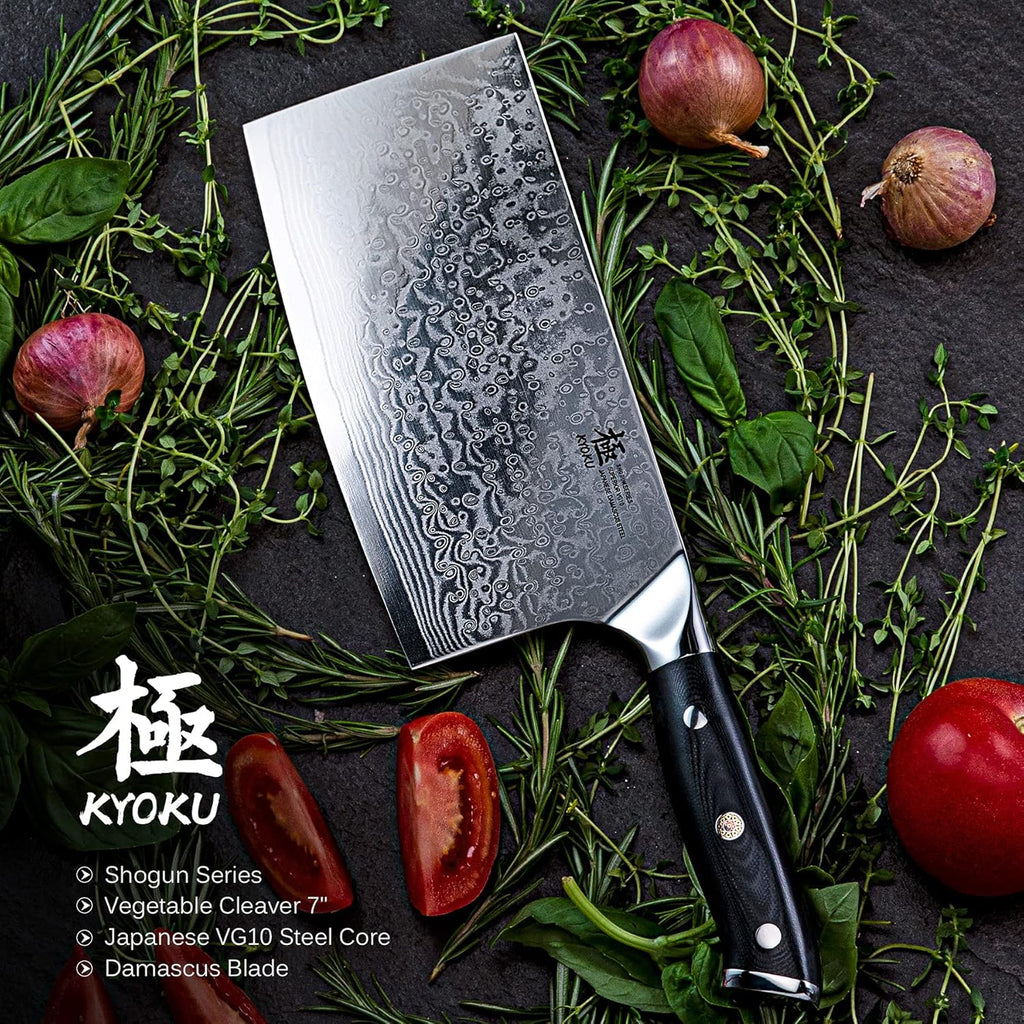 Vegetable Cleaver Knife 7 Inch, Japanese VG10 Steel Core Damascus Blade with Sheath V110606