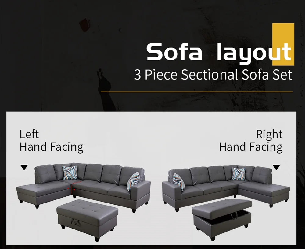 Faux Leather Sectional with Ottoman, Left Hand Facing, Dark Grey A734