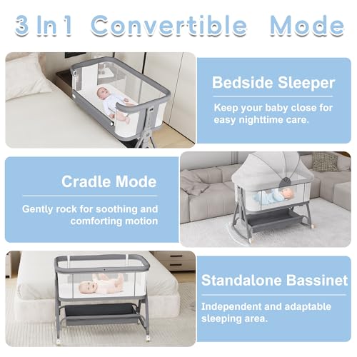 Bedside Bassinet for Baby, 3 in 1 Height Adjustable Sleeper with Wheels Q86913