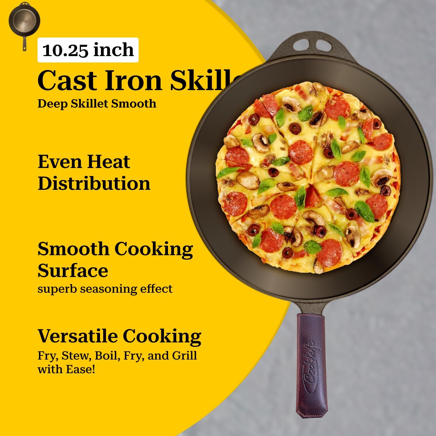10.25 Inch Pre-Seasoned Round Cast Iron Skillet with Handle Cover U8673
