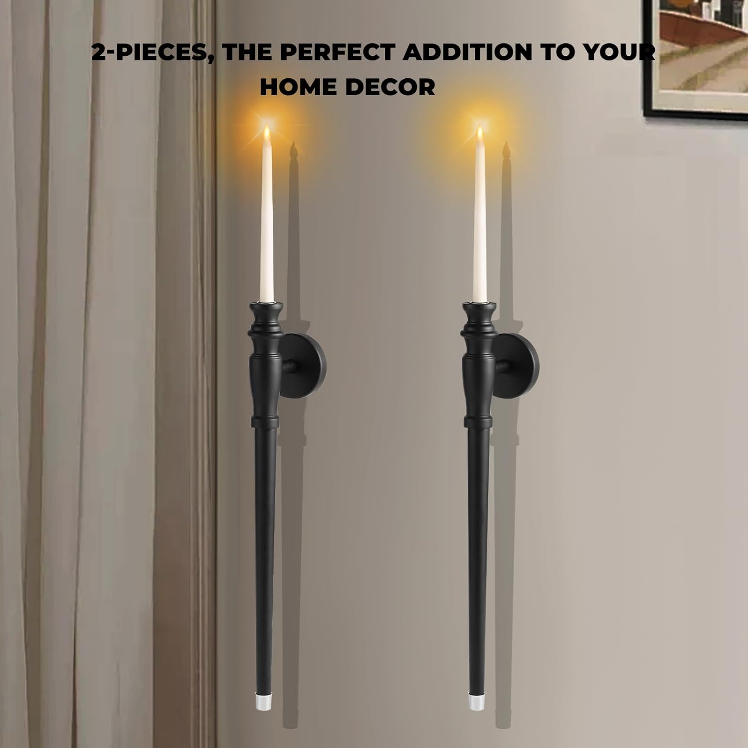 Wall Candle Sconces Set of Two, Wooden Black Taper Candle Holders U432