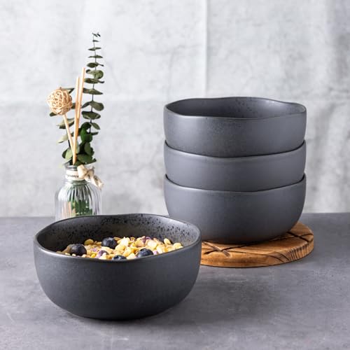 Stoneware Cereal Bowls Set of 6, 28oz Chip-Resistant Ceramic Soup Bowls with Wavy Rim N457