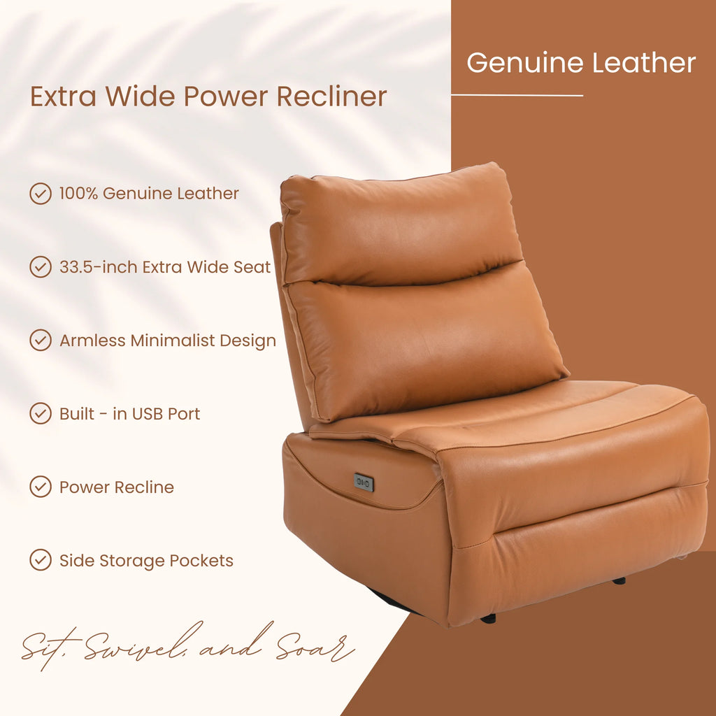 Genuine Leather Power Recliner Extra Wide No Armrests 350 lbs T829544
