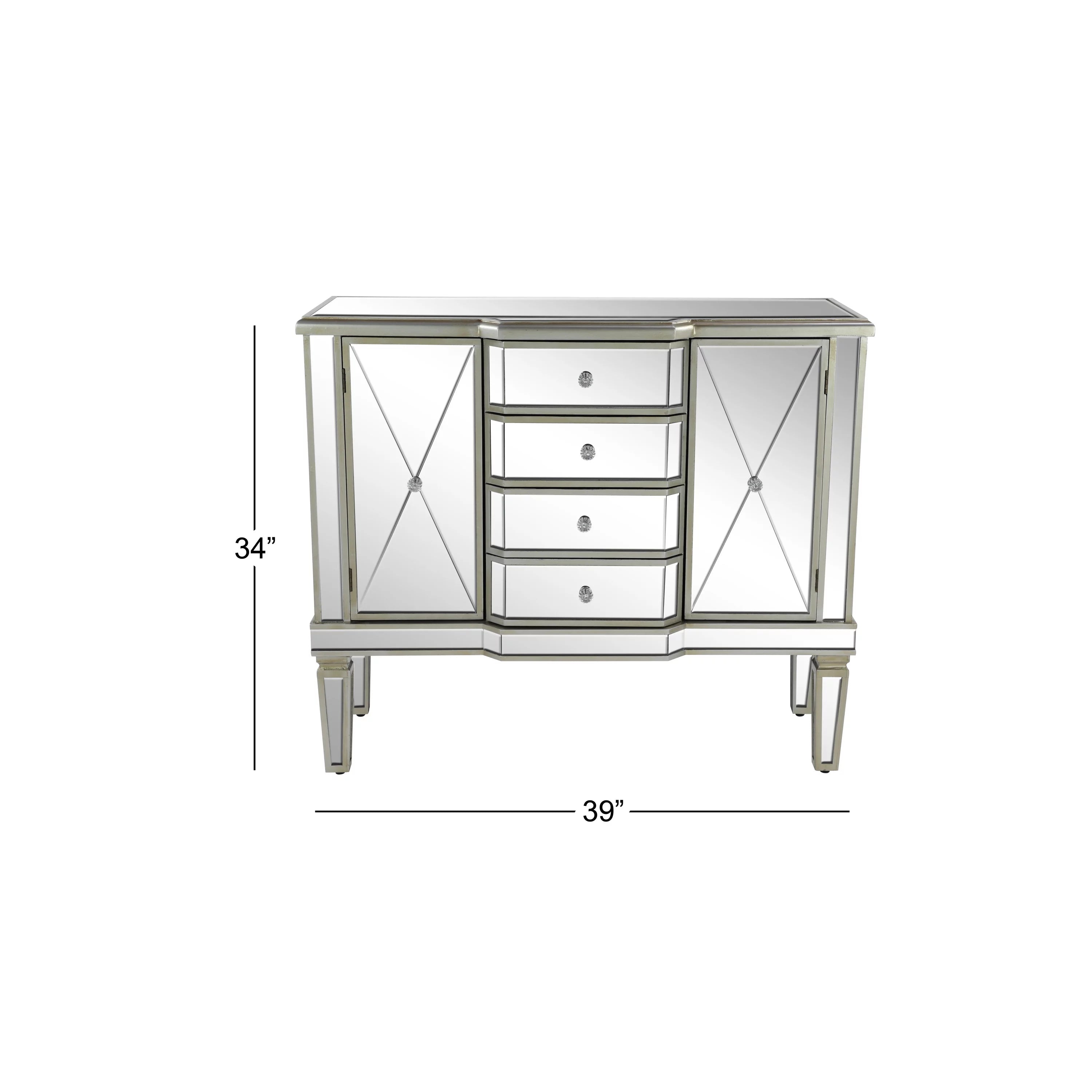 Silver Wood Mirrored Panel Buffet with 4 Drawers, 2 Shelves and 2 Doors D22531