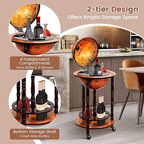 Globe Bar Cart, Wood Wine Cabinet with Wheels & Liquor Shelf D834655