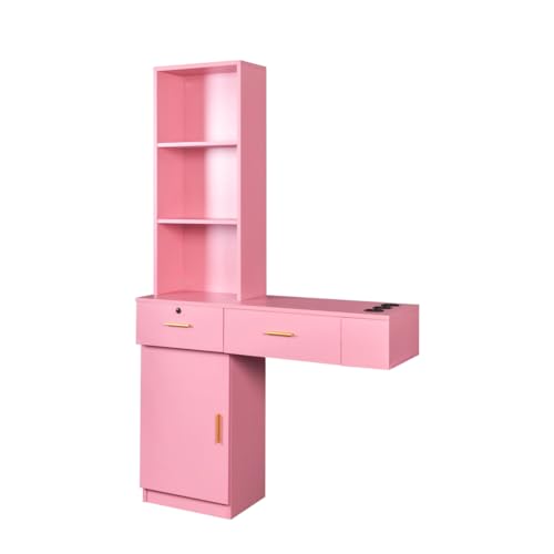 Wood Computer Desk with Drawers and Mirror, Pink D3323