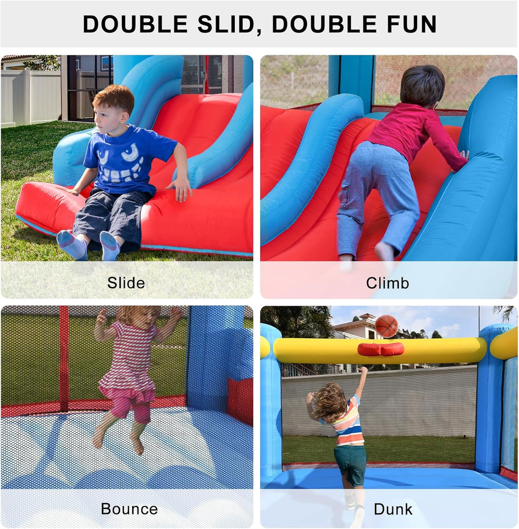 Inflatable Bounce House with Blower for Kids, Indoor Outdoor Bouncy Castle with Double Slide D81783