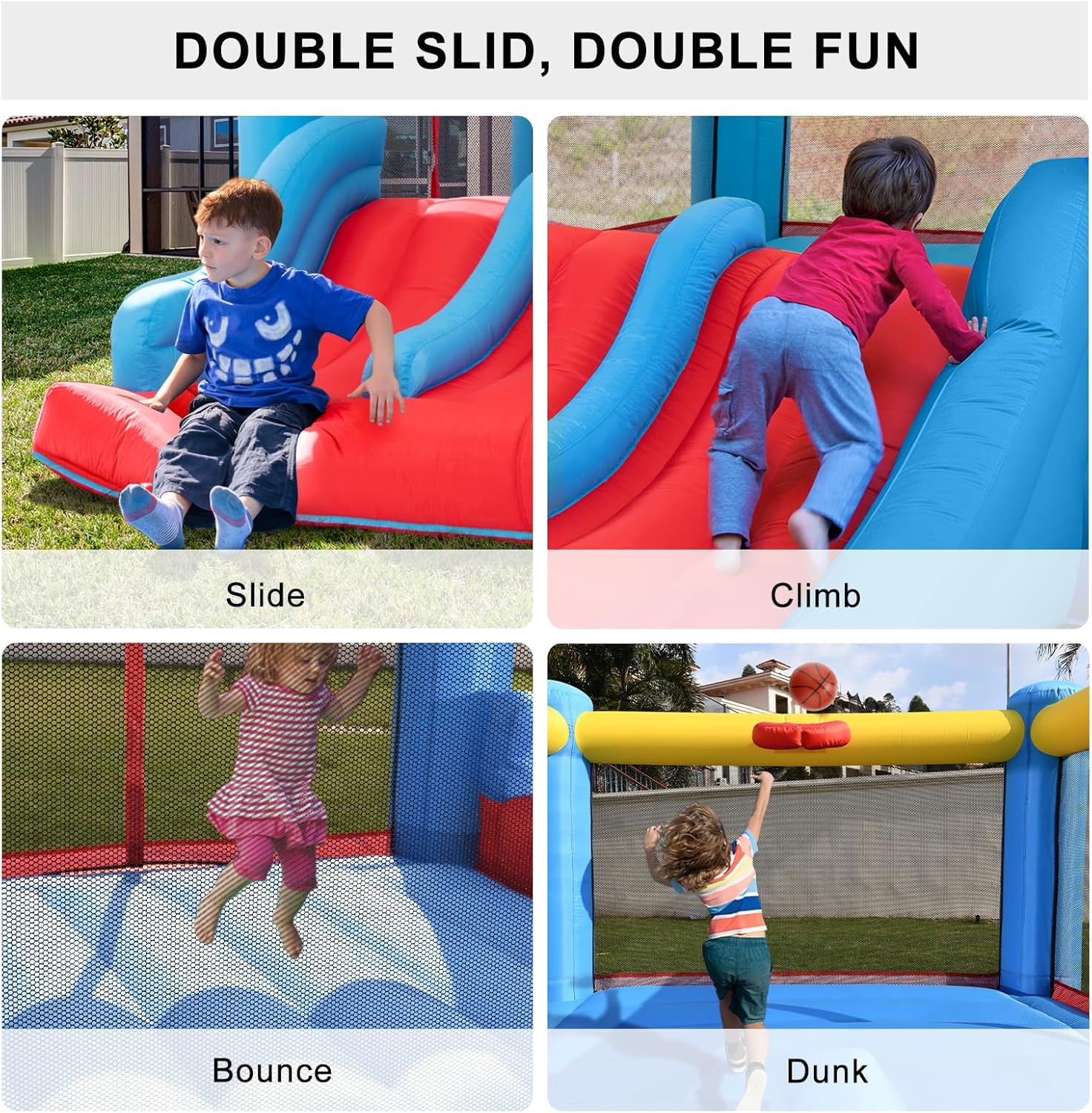 Inflatable Bounce House with Blower for Kids, Indoor Outdoor Bouncy Castle with Double Slide D81783