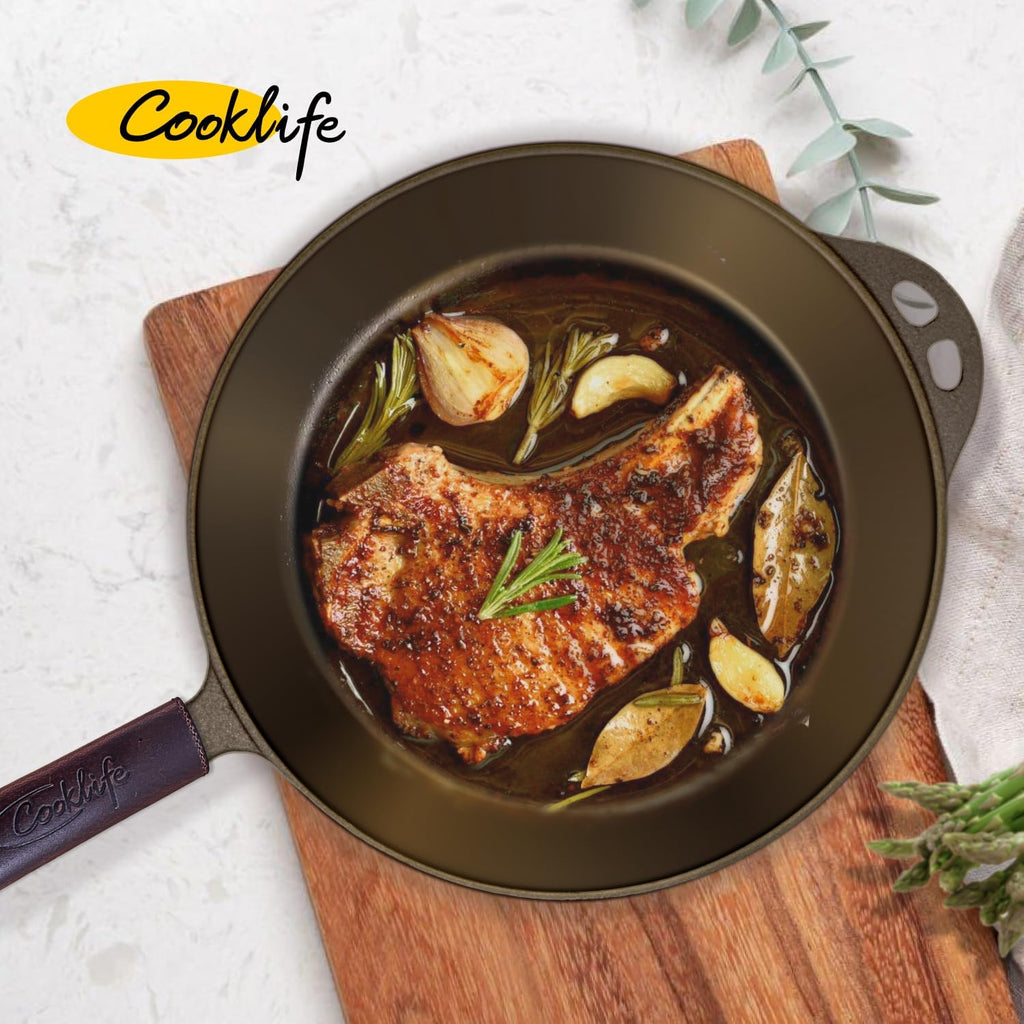 10.25 Inch Pre-Seasoned Round Cast Iron Skillet with Handle Cover U8673