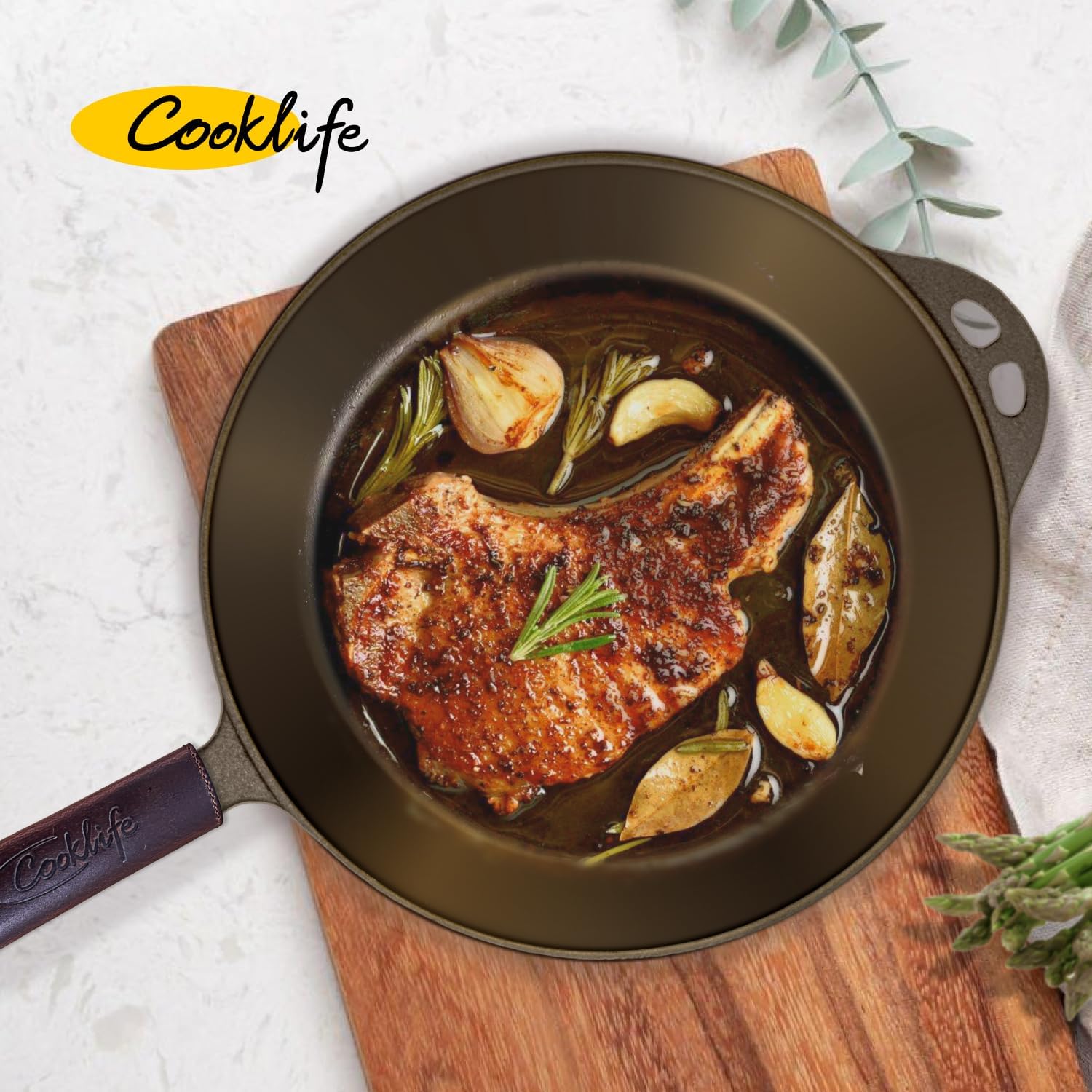 10.25 Inch Pre-Seasoned Round Cast Iron Skillet with Handle Cover U8673