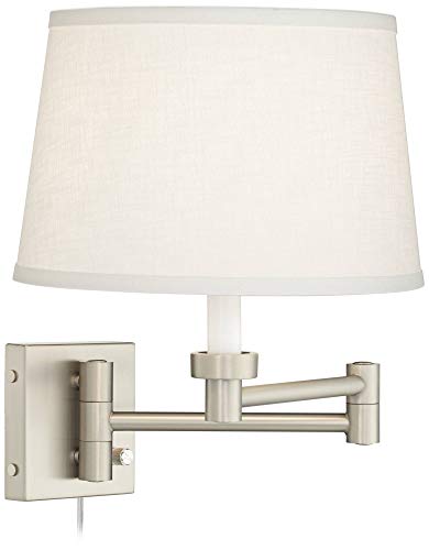 Swing Arm Wall Lamp Brushed Nickel Plug-in Dimmable White Linen Shade W8027