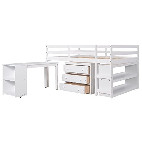 Low Study Loft Bed with Desk and Bookshelf J88891