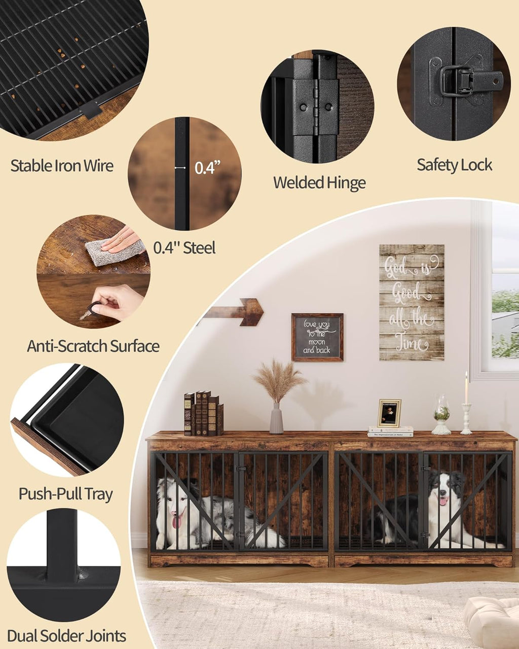 Large Dog Crate Furniture with Divider, Wood Kennel Indoor Side Table Q543944