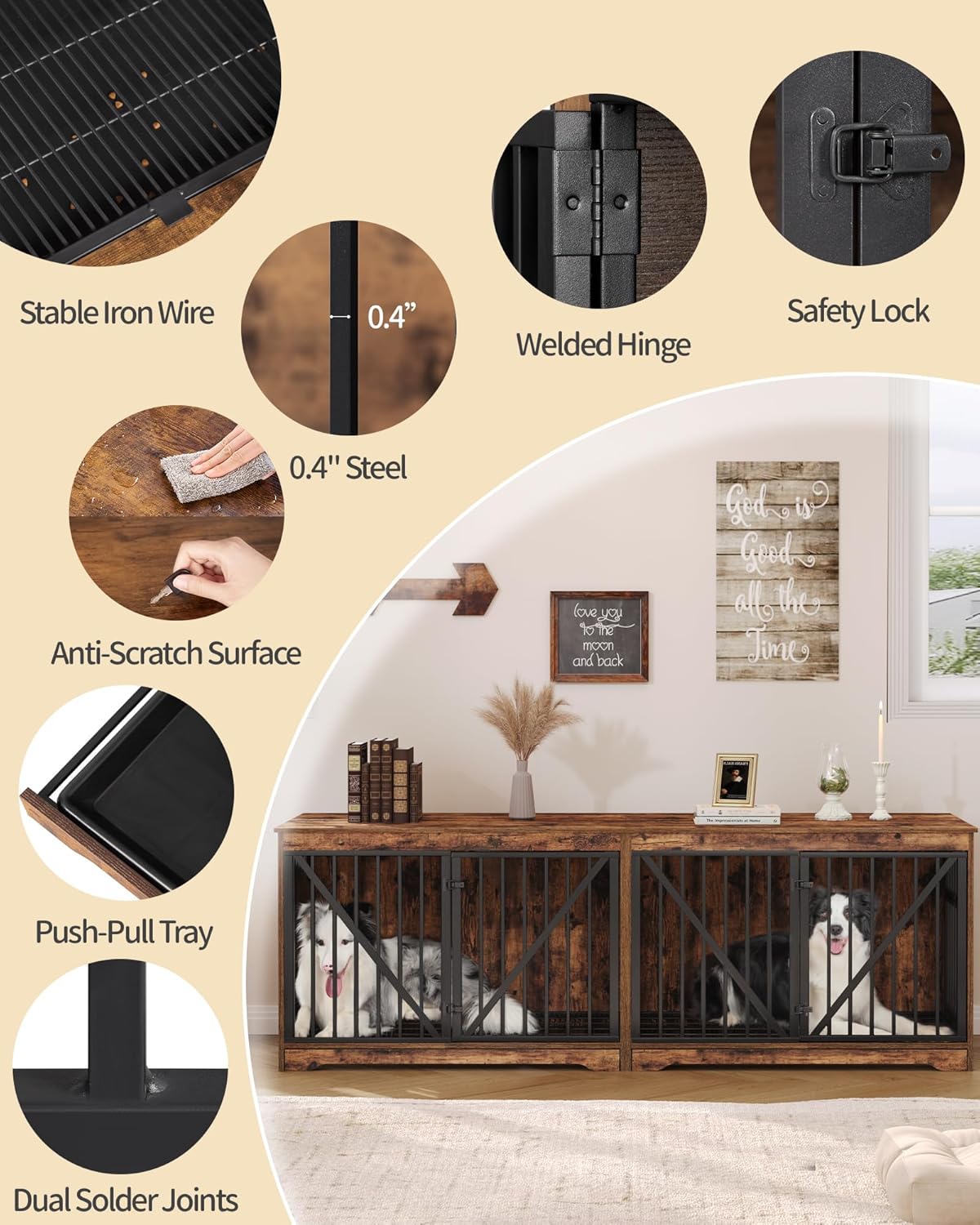 Large Dog Crate Furniture with Divider, Wood Kennel Indoor Side Table Q543944