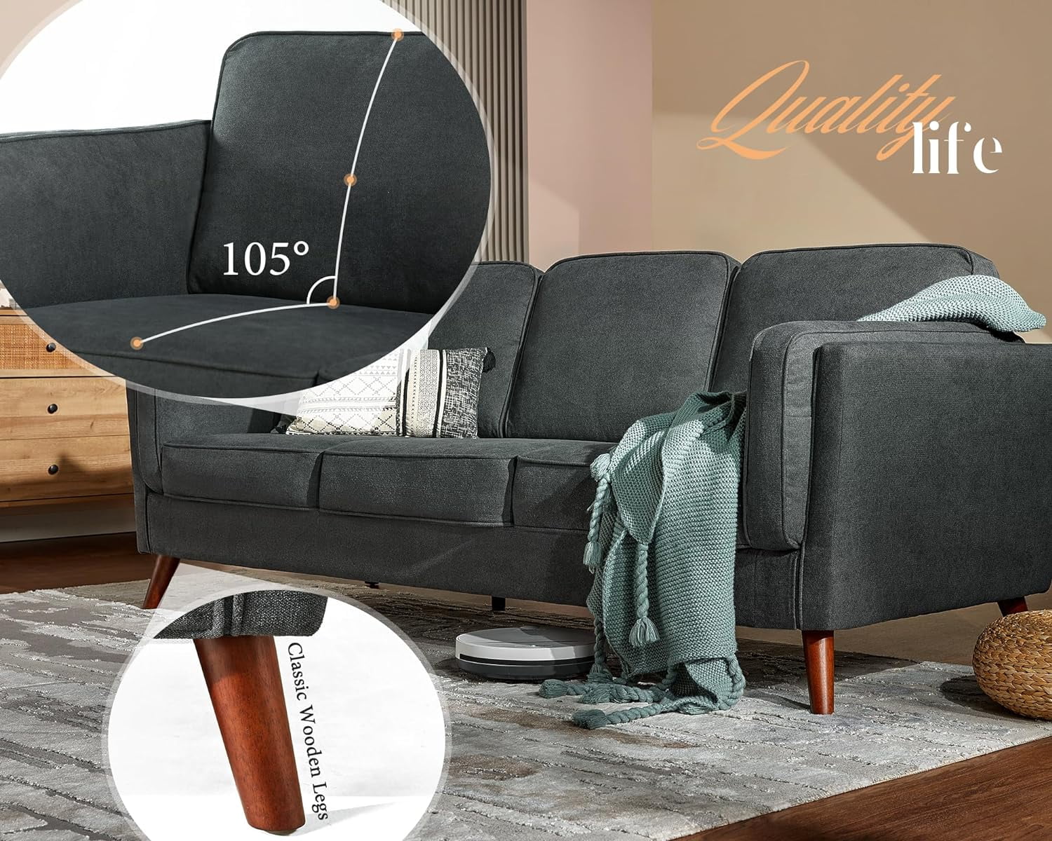 Modern Sofa with Embedded Arm Pillow, Dark Grey, 87 Inch S677743