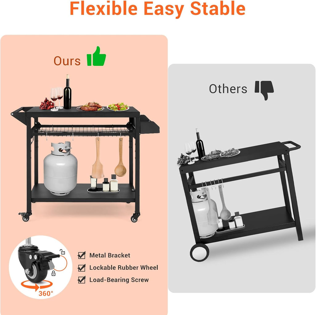 Outdoor Grill Cart with Wheels, Pizza Oven Stand Table, Black R98167