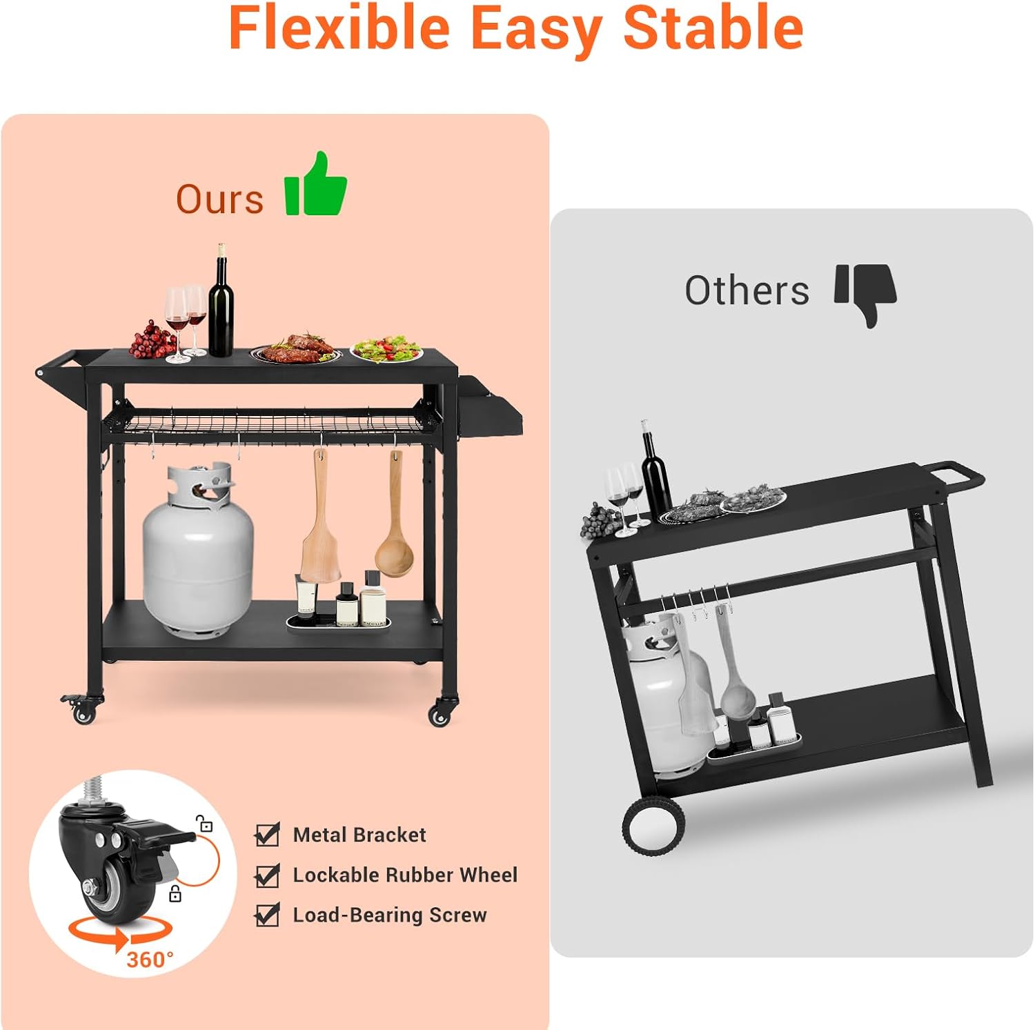Outdoor Grill Cart with Wheels, Pizza Oven Stand Table, Black R98167