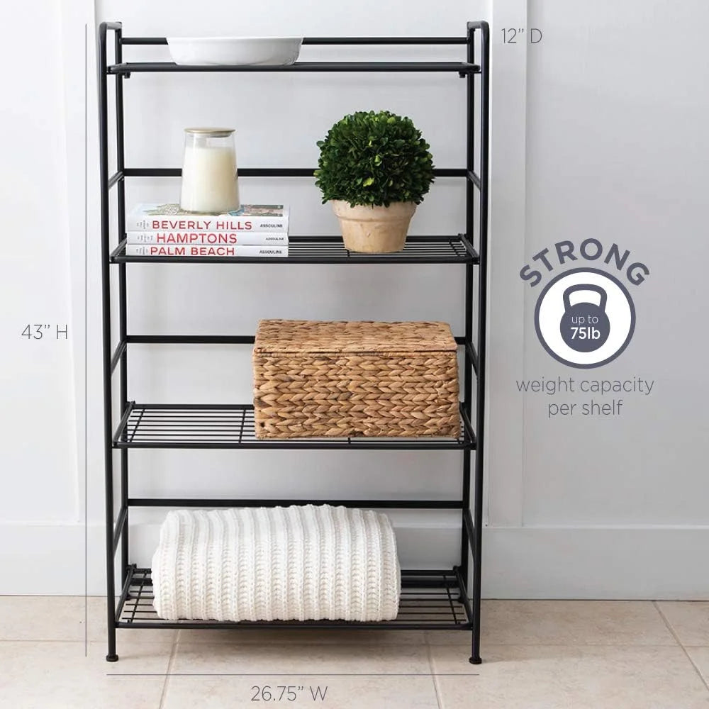 Folding Metal Bookcase, 4 Shelves, Black D3380
