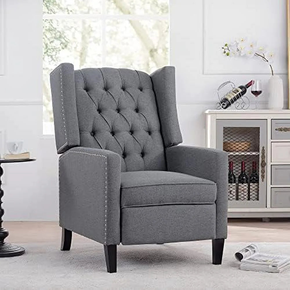 NLIBOOMLife Wingback Recliner Chair Breathable Fabric Push Back Recliner Chair for Living Room and Small Spaces Manual Pushback Recliner Sofa with Nailhead Accents Wooden Legs(Beige)