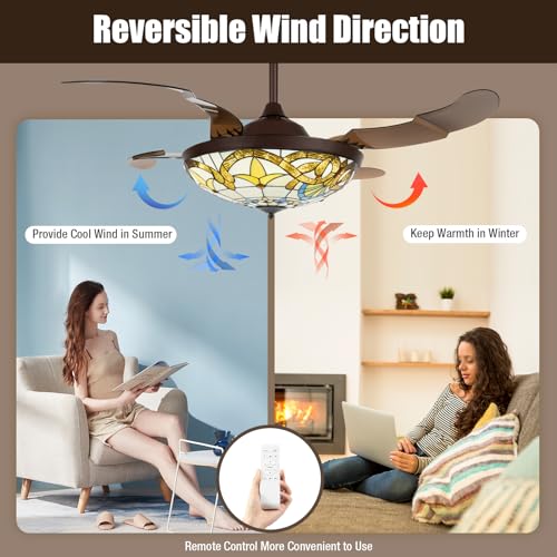 Tiffany Style 42 Inch Stained Glass Ceiling Fan with Light and Remote Control X80082