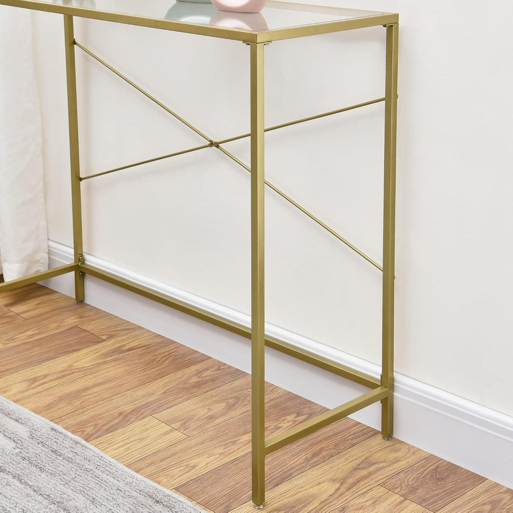 Console Table with Tempered Glass Top, Narrow Metal Frame for Hallway, Living Room, Office R788