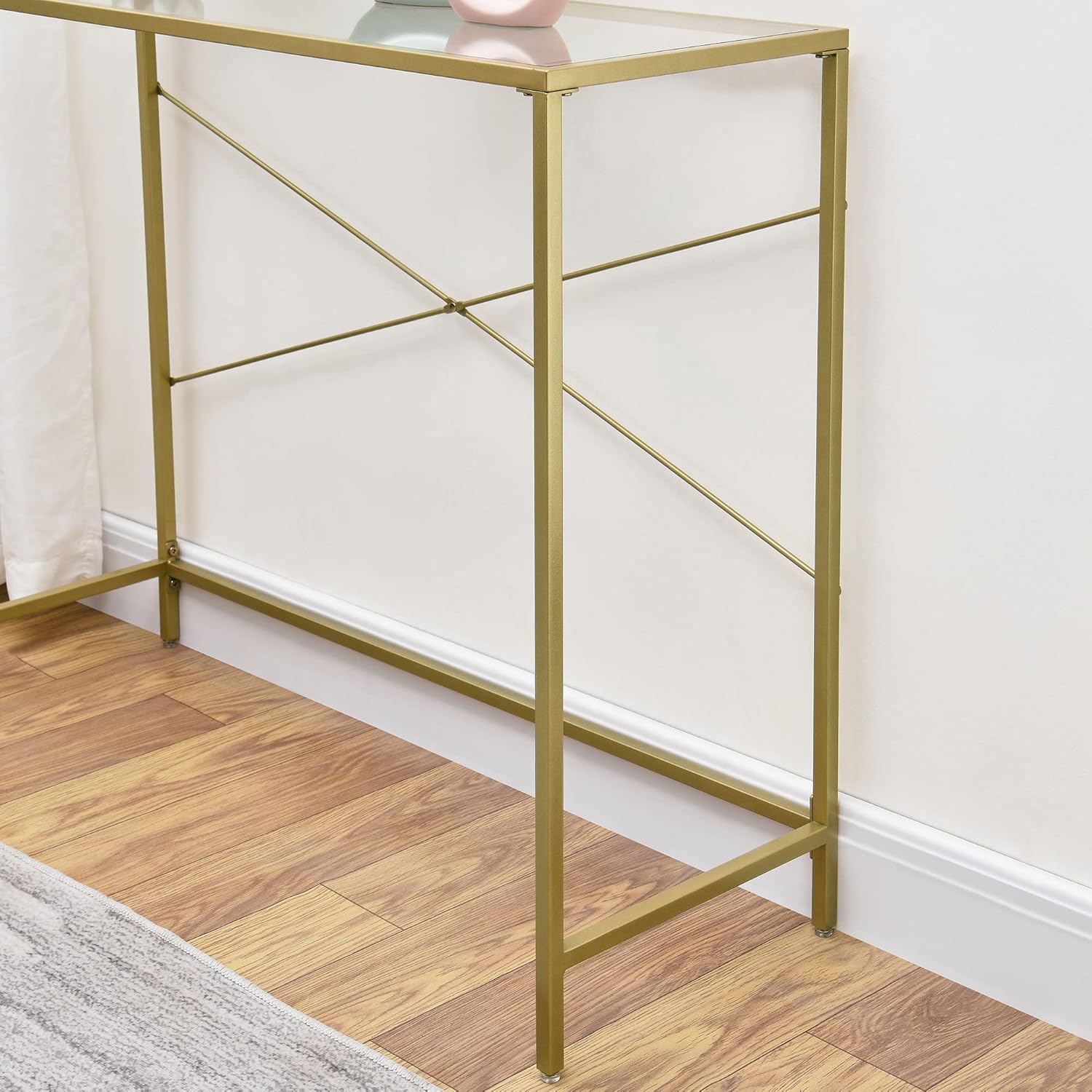 Console Table with Tempered Glass Top, Narrow Metal Frame for Hallway, Living Room, Office R788