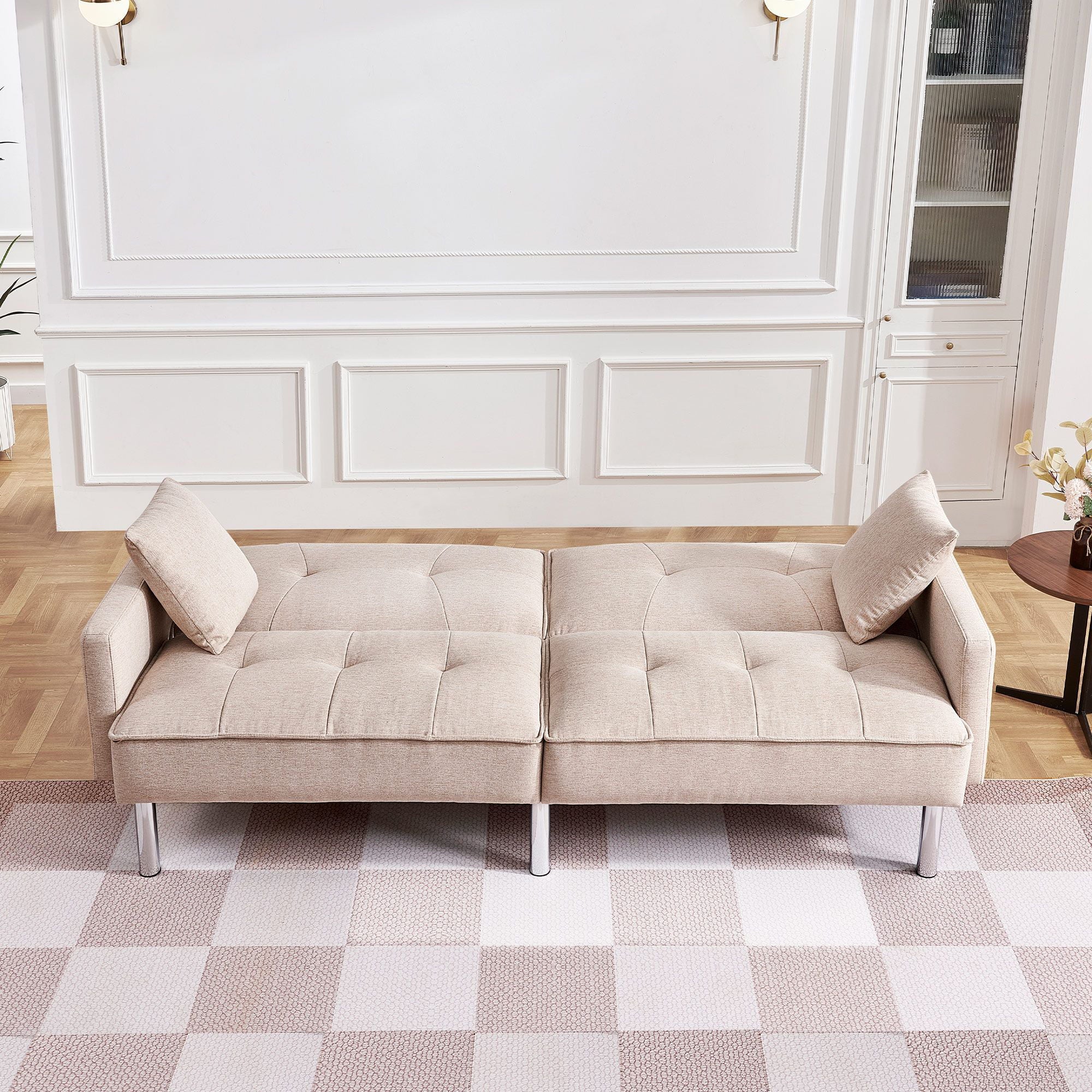 Extra Long Tufted Beige Fabric Futon Adjustable Sofa Bed J212