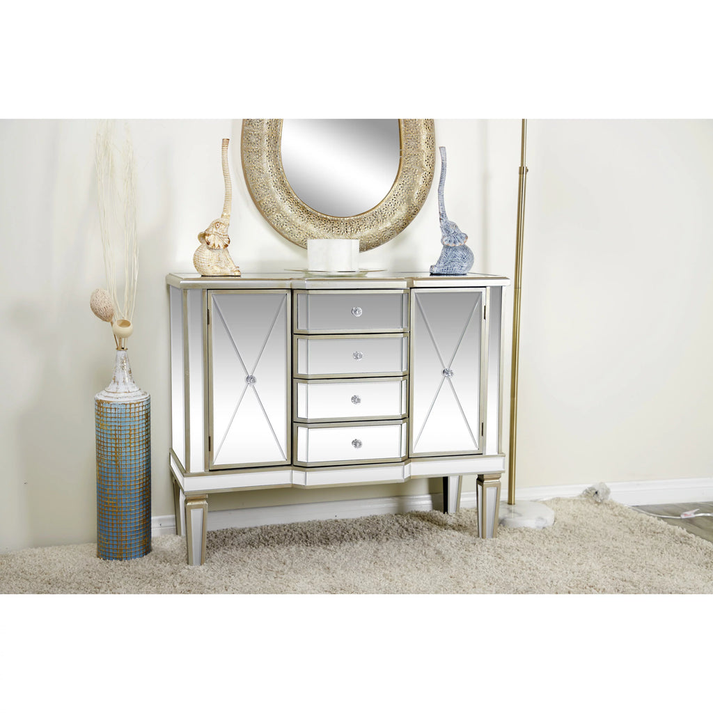 Silver Wood Mirrored Panel Buffet with 4 Drawers, 2 Shelves and 2 Doors D22531