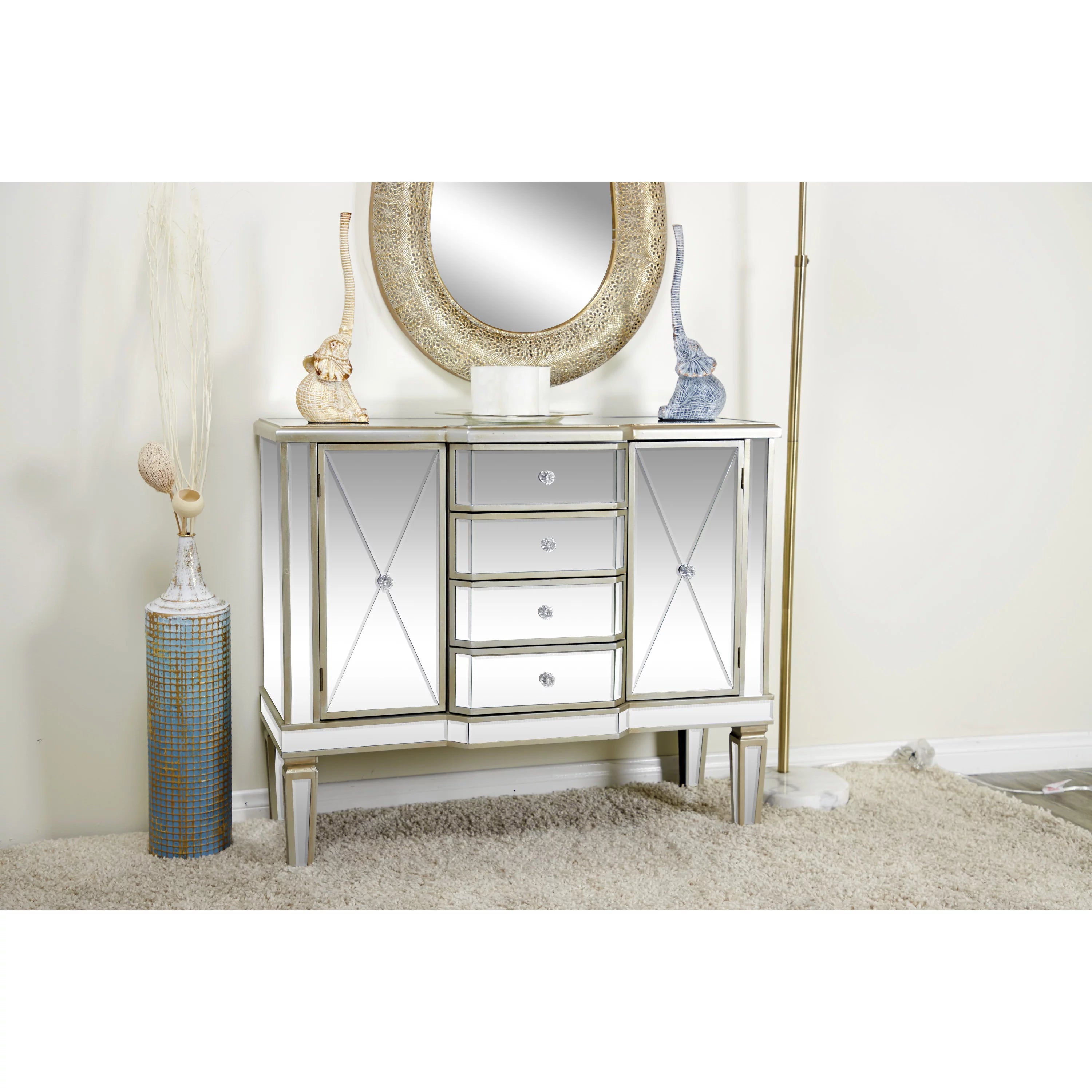 Silver Wood Mirrored Panel Buffet with 4 Drawers, 2 Shelves and 2 Doors D22531