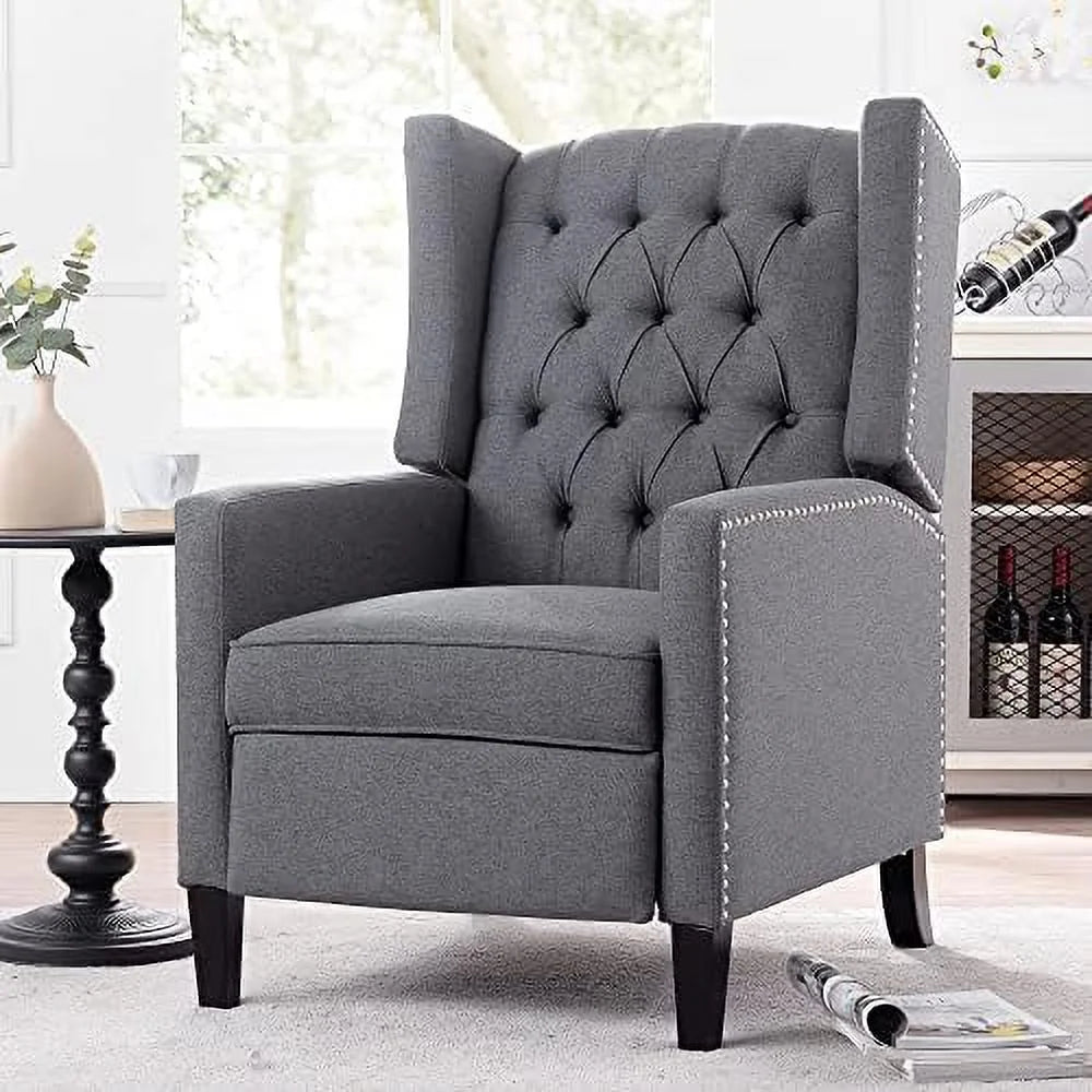 Wingback Recliner Chair Breathable Fabric Push Back for Living Room Small Spaces Manual Recliner Sofa with Nailhead Accents Wooden Legs Beige E411557