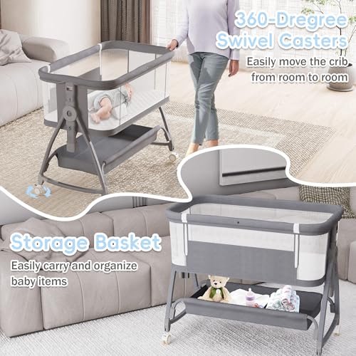 Bedside Bassinet for Baby, 3 in 1 Height Adjustable Sleeper with Wheels Q86913