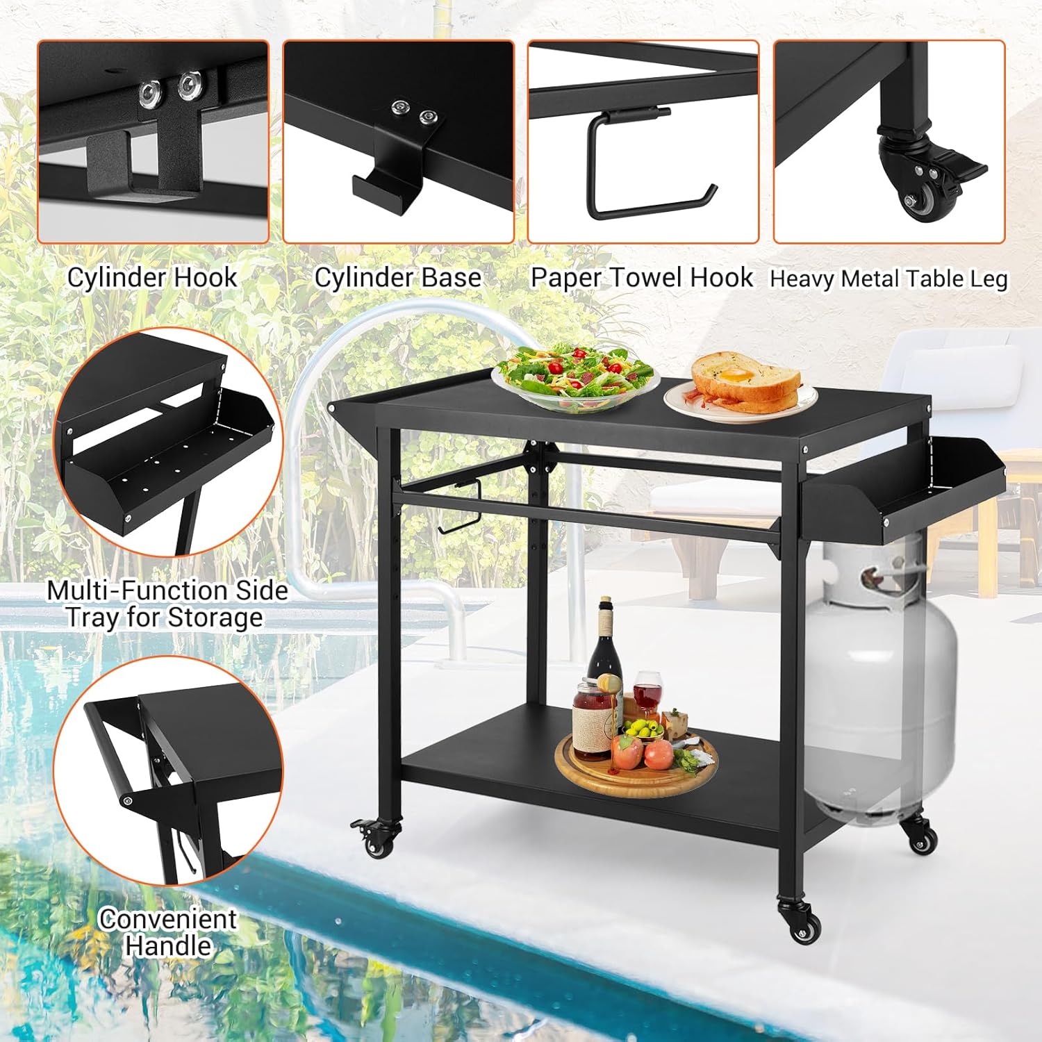 Outdoor Grill Cart with Lockable Wheels, Heavy Duty BBQ Prep Table I6010