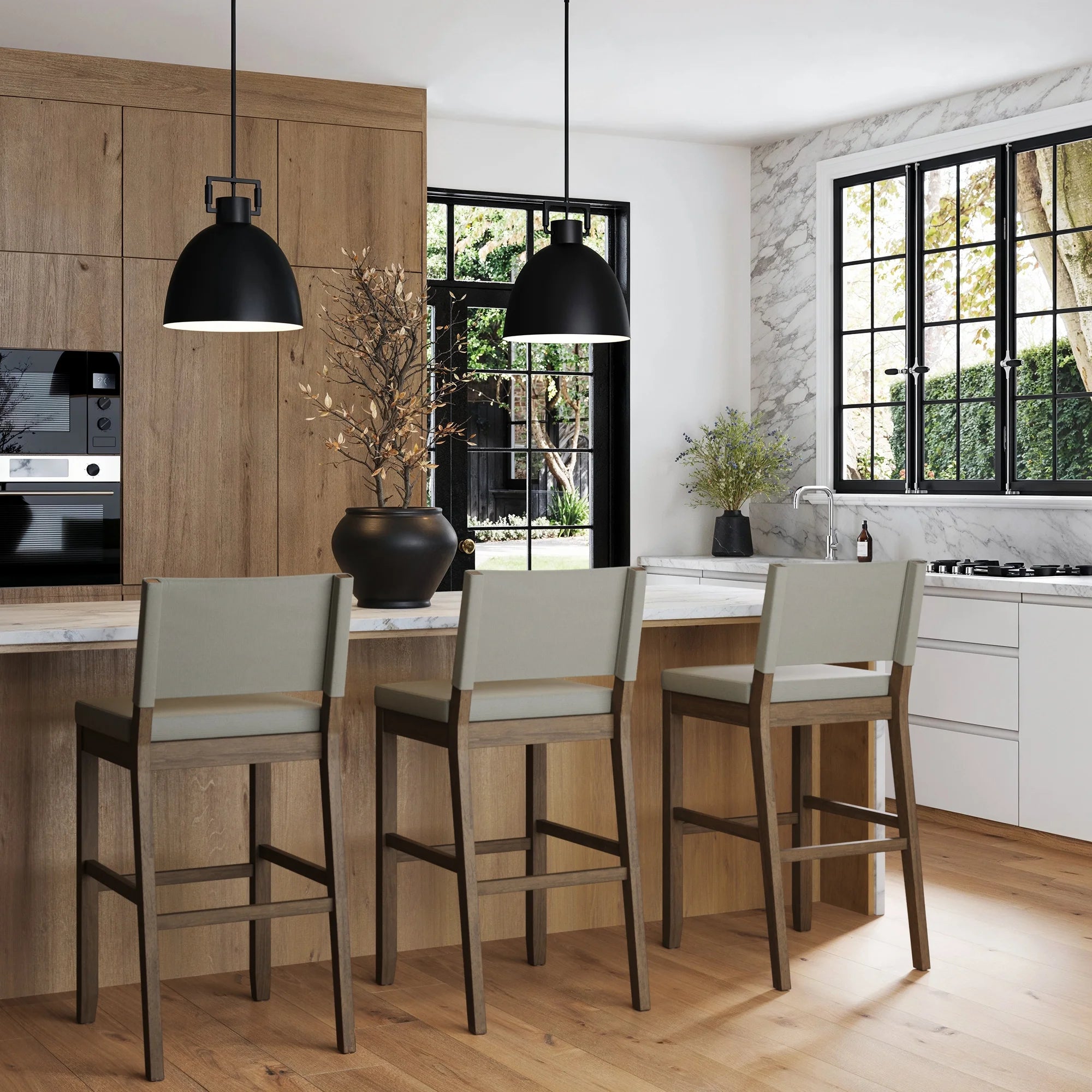 Modern Upholstered Bar Stool with Back and Solid Wood Legs Q706695