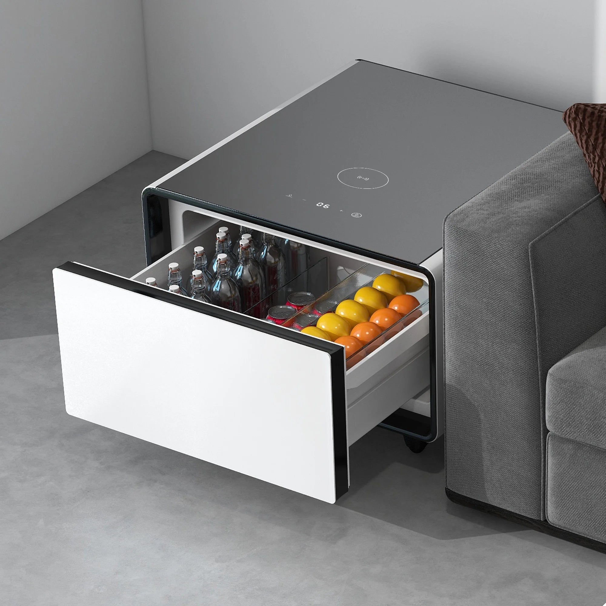 Livtab Smart Side Table with Built in Fridge, Charging Station, End Table with Storage Drawer, Control Panel for Living Room, White