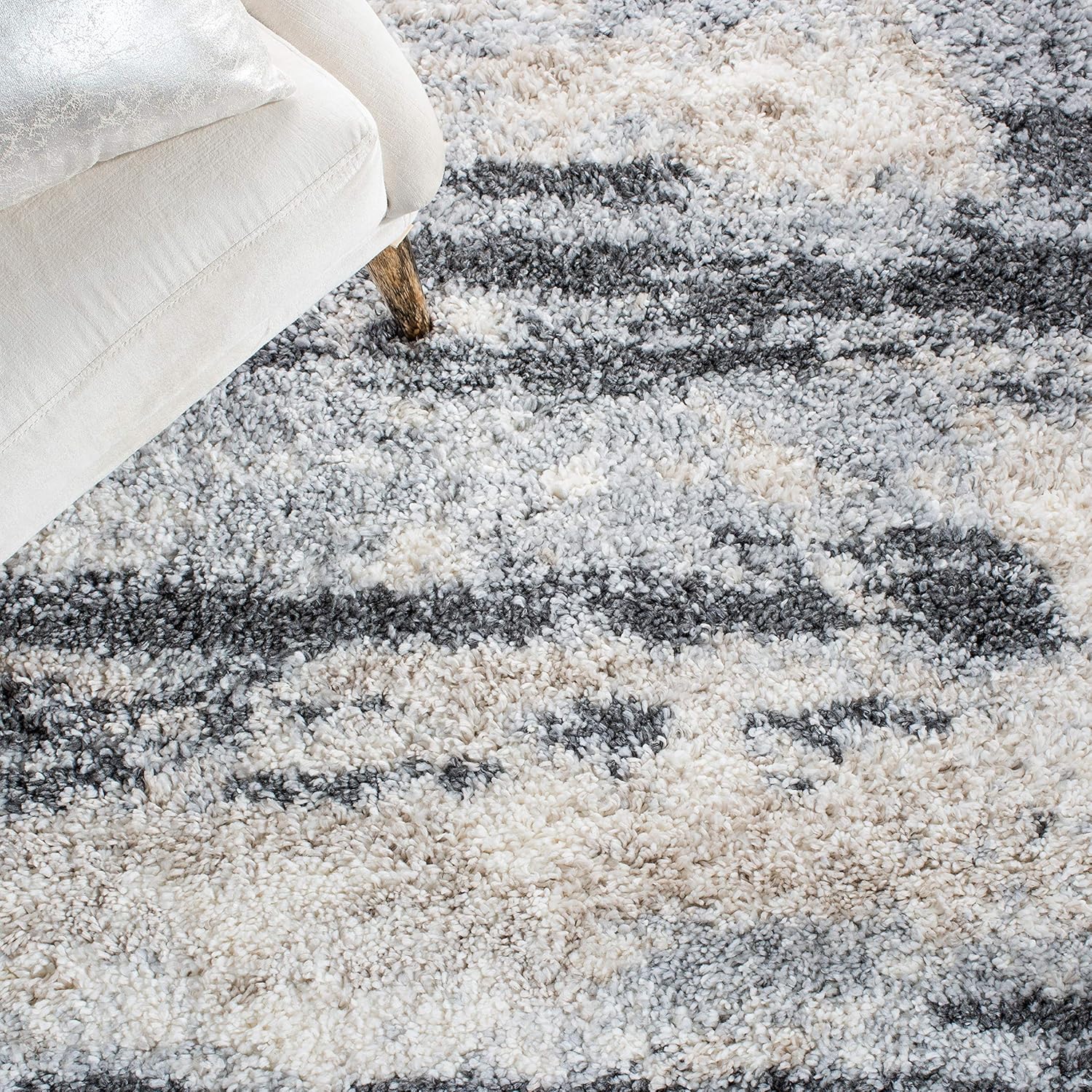 Shag Area Rug - 8' x 10', Grey & Ivory, Modern Design, Non-Shedding V749939
