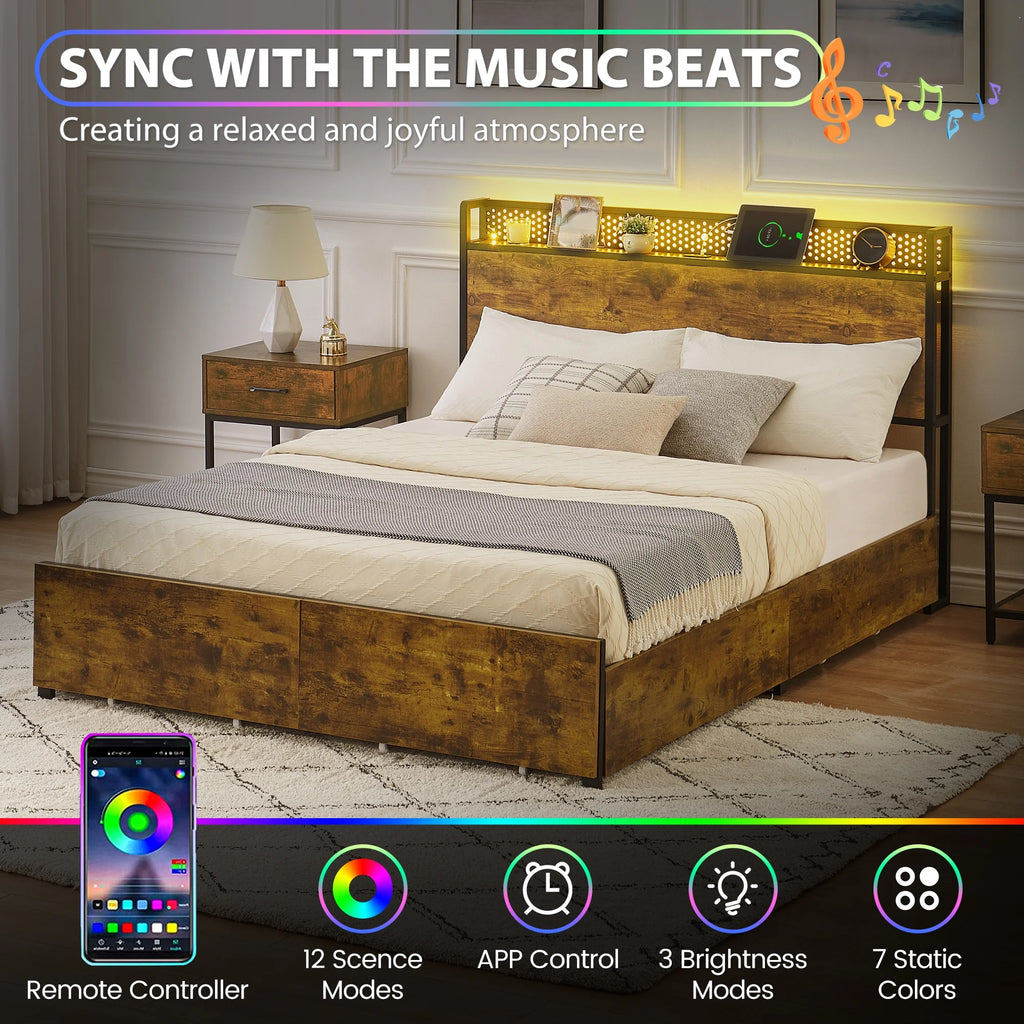 Queen Bed Frame with Storage Headboard and 6 Drawers, LED and USB Ports L895