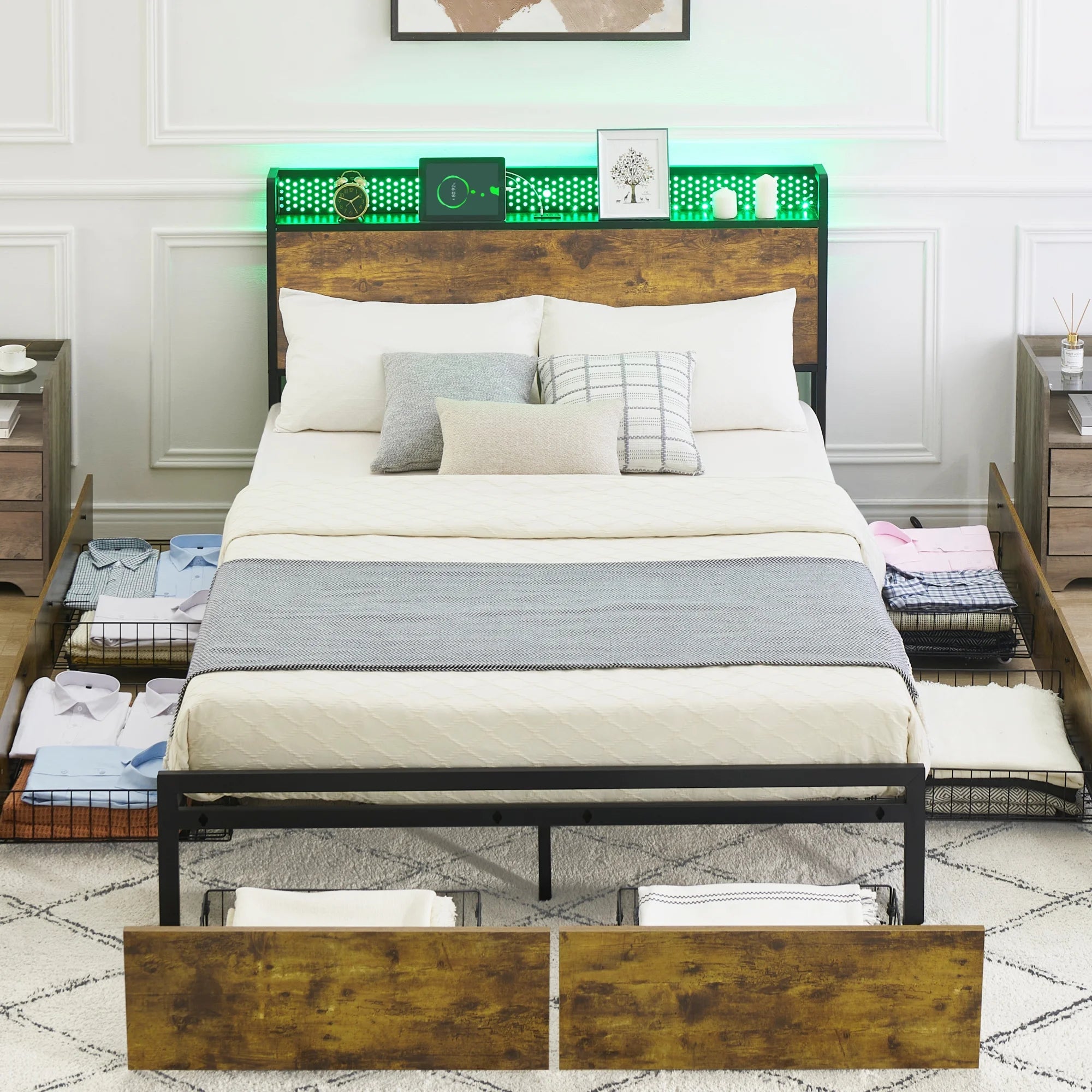 Queen Bed Frame with Storage Headboard and 6 Drawers, LED and USB Ports L895