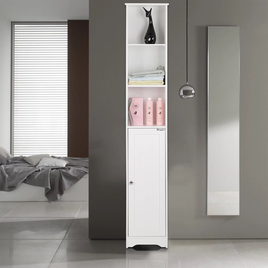 Tall Narrow Bathroom Storage Cabinet with 3 Open Shelves and 1 Door U9916