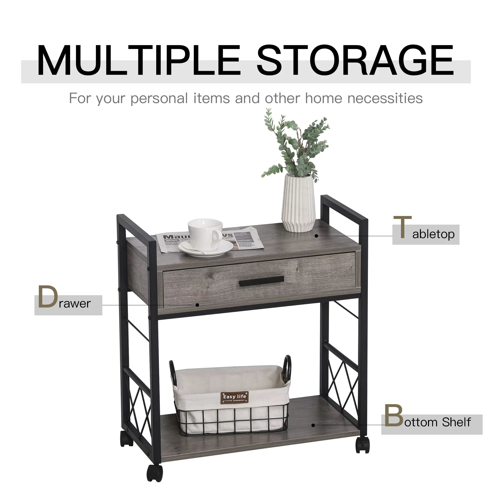 Industrial End Table with Drawer and Bottom Shelf, Mobile Side Table, Grey J804