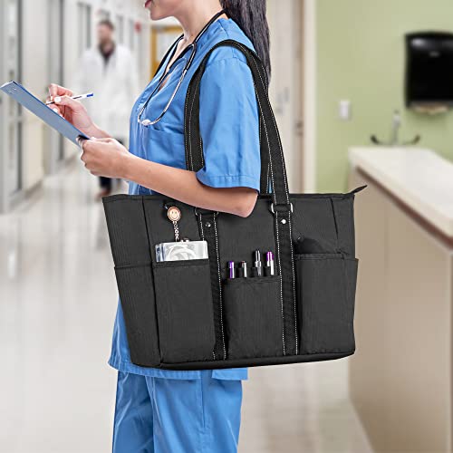 Nurse Tote Bag with Padded Laptop Sleeve and Multiple Pockets, Black Y904360