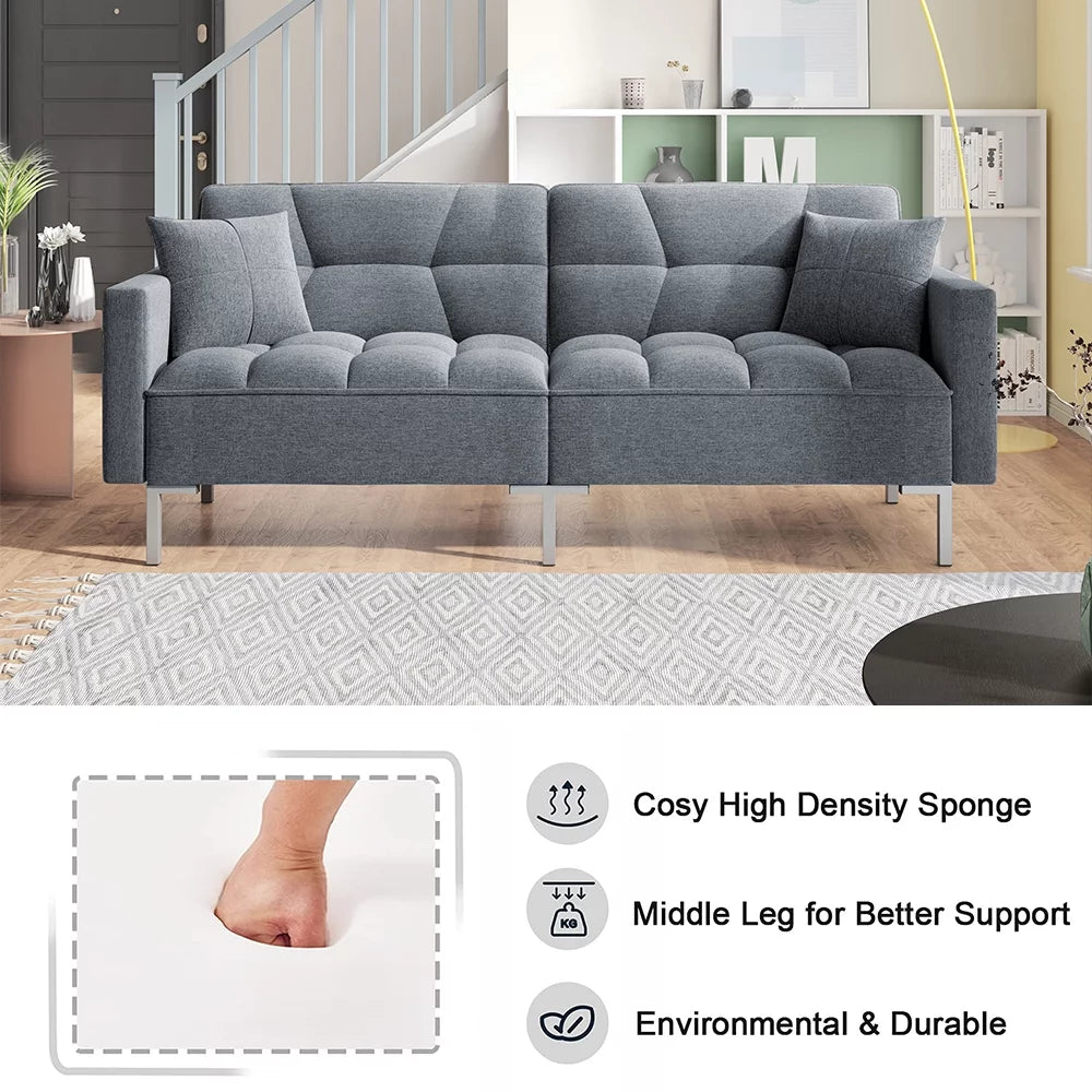 Gray Futon Sofa Bed with 2 Pillows and Metal Legs G114