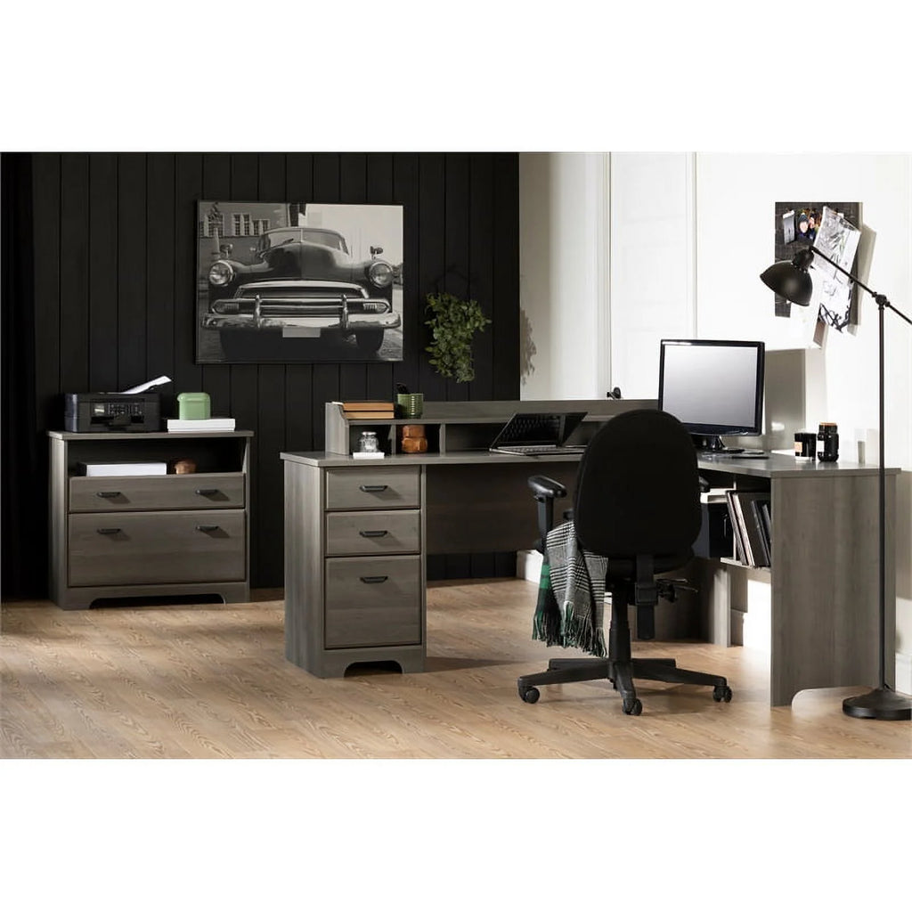 Desk with Hutch and 2-Drawer File Cabinet Set in Gray Maple U9583