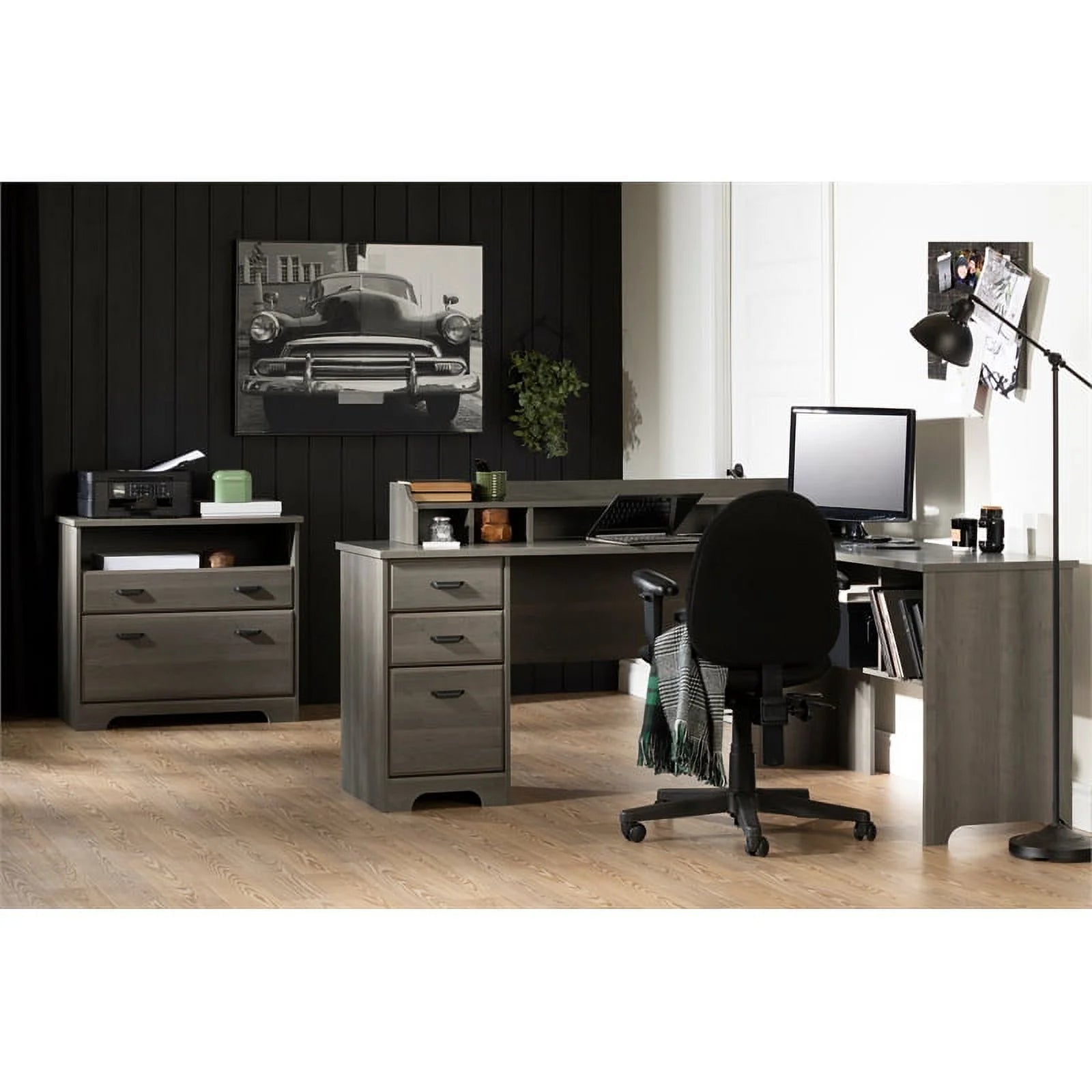 Desk with Hutch and 2-Drawer File Cabinet Set in Gray Maple U9583