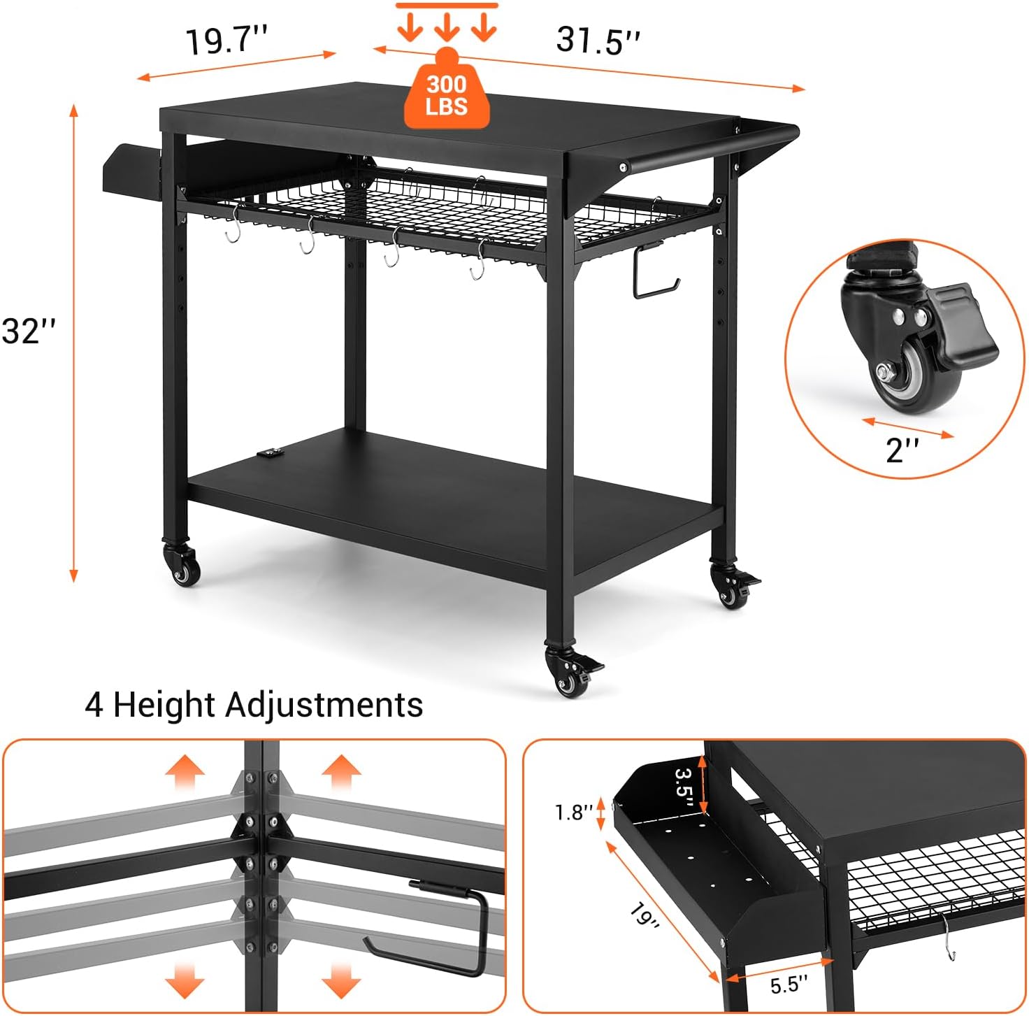 Outdoor Grill Cart with Wheels, Pizza Oven Stand Table, Black R98167