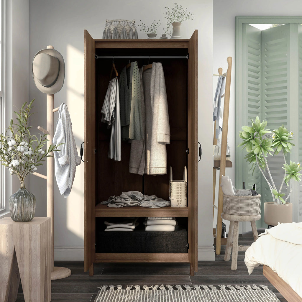 Rustic Distressed Walnut Double-door Wardrobe Closet with Shelves B925