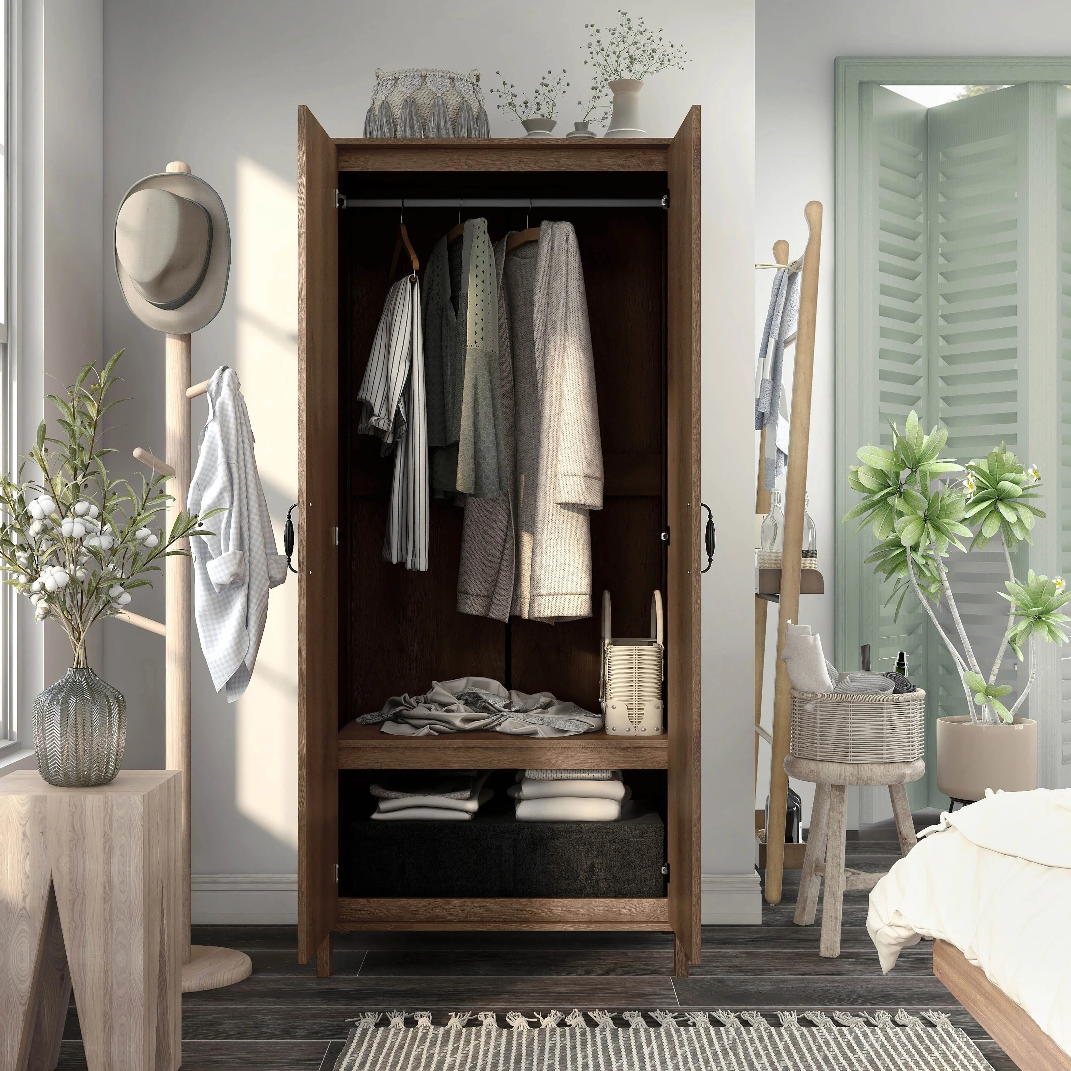 Rustic Distressed Walnut Double-door Wardrobe Closet with Shelves B925