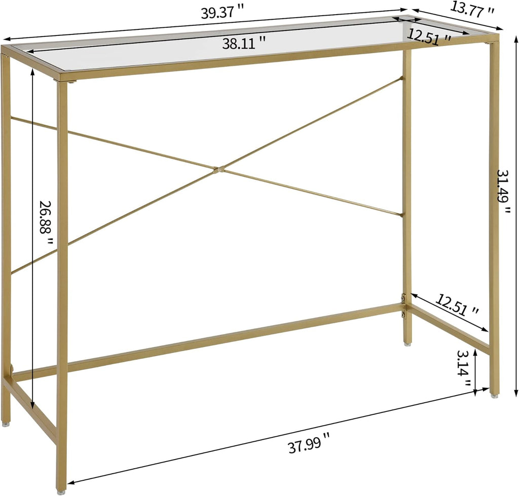 Console Table with Tempered Glass Top, Narrow Metal Frame for Hallway, Living Room, Office R788