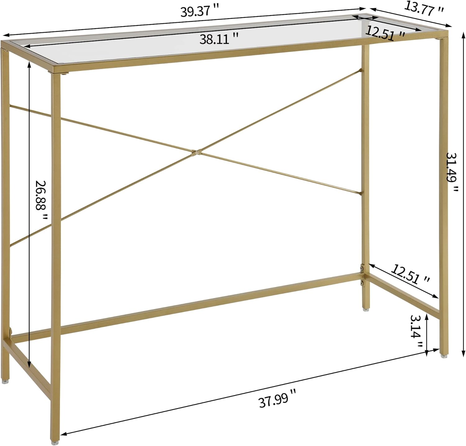 Console Table with Tempered Glass Top, Narrow Metal Frame for Hallway, Living Room, Office R788