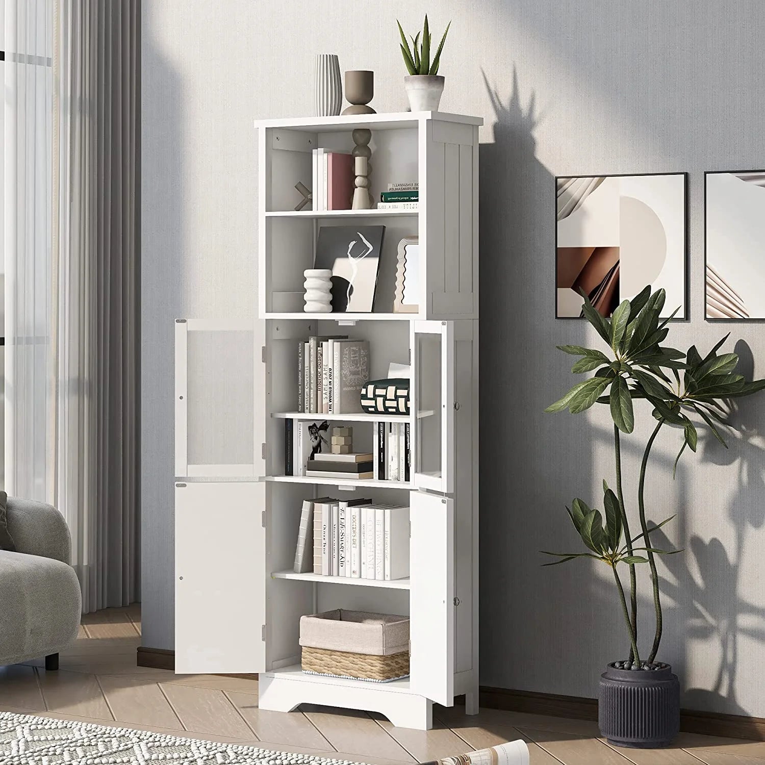 White Storage Cabinet with Glass Doors and Adjustable Shelves G37150